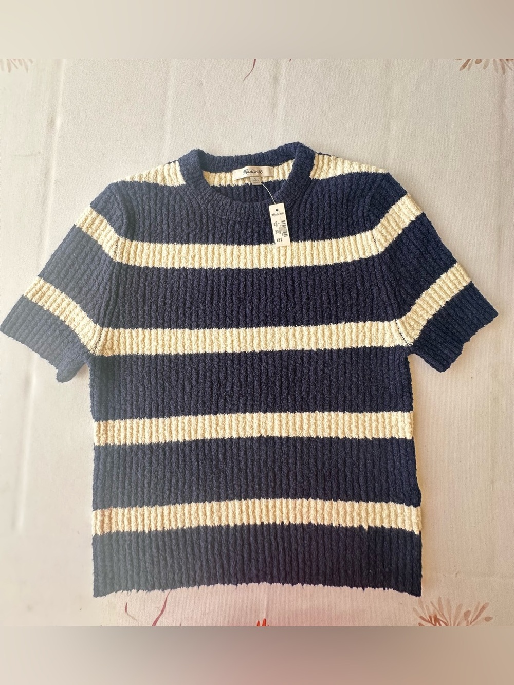 Madewell Navy and Cream Striped Cropped Knit Top